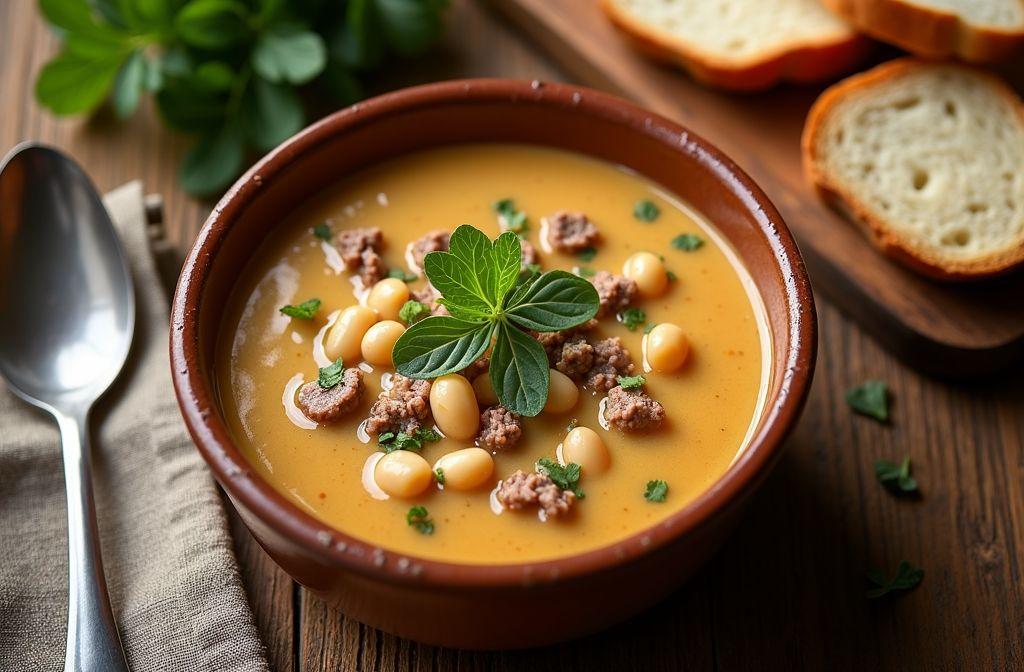 Weiße Bohnensuppe mit Hackfleisch : cremig und sättigend